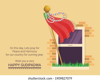 Vector Graphic Illustration Gudhi Padwa signifies the arrival of spring; Traditional Lunisolar Hindu calendars first day of the Chaitra Month is celebrated as a new year for Marathi and Hindu people.