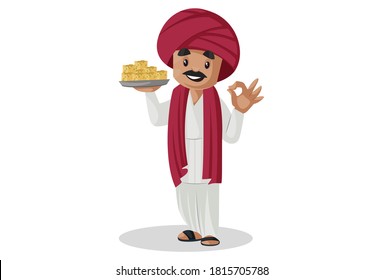 Vector graphic illustration. Gujarati man is holding a sweets plate in hand and showing okay sign. Individually on a white background.