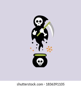 vector graphic illustration of halloween day, death cauldron, cloaked skull