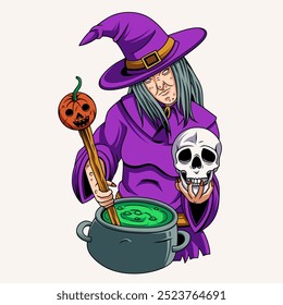Vector graphic illustration of halloween witch casting a spell suitable for halloween merchandise isolated on white background