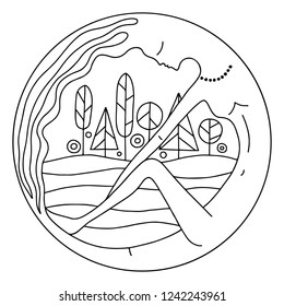 Vector graphic illustration of hand drawn abstract psyhedelic woman in the round frame with forest and fields. Black and white picture for coloring.