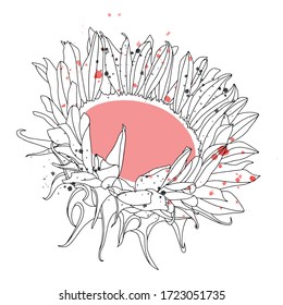 Vector graphic illustration of hand drawn beautiful flower, isolated sunflowers, black and white colors with inc blots, drops. Line artistic sketch, art drawing. Print for cards, backgrounds