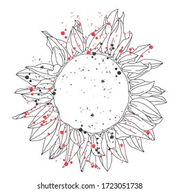 Dibujo vectorial de una hermosa flor dibujada a mano, girasoles aislados, colores negros y blancos con manchas inc, gotas. Dibujo artístico de línea, dibujo artístico. Imprimir para tarjetas, fondos