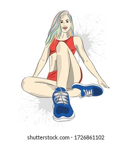 Vector grafische Darstellung der handgezeichneten Fitness cute cute schlanke Kir mit, Blot, Tropfen, spritzen. Schöne sportlich positive farbenfrohe Frau, sitzen, lächeln und posieren. Gesunder Lebensstil, sportliche Betätigung.  