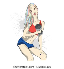 Ilustración gráfica vectorial de la aptitud dibujada a mano linda delgada con timbre, mancha, gota, salpicadura. Hermosa mujer deportiva positiva, colorida, sonriente y posando. Estilo de vida saludable, actividad deportiva.  