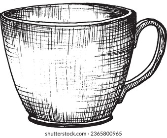 Ilustración gráfica vectorial de una taza hecha a mano para té o café. Dibujo en blanco y negro