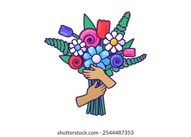 Vector ilustración gráfica de manos sosteniendo un manojo de flores brillantes en estilo de dibujos animados. Encantadora mezcla de flores y hojas verdes. Presente para varias ocasiones