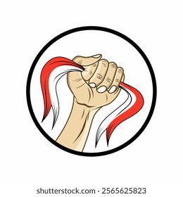 Vector graphic illustration of hands holding a red and white ribbon that symbolizes the symbol of the proud flag of Indonesia. Symbolizing unity, determination, strength, and national identity.