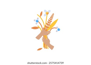 Vector graphic illustration of hands holding a bunch of wilted flowers in solid cartoon style. Fleeting nature of beauty, sadness or nostalgia. Bright autumnal season. Psychology icon, different state