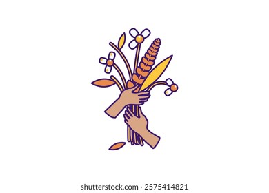 Vector graphic illustration of hands holding a bunch of autumnal flowers in stroked cartoon style. Fleeting nature of beauty, sadness or nostalgia. Bright autumnal season. Psychology icon, different s