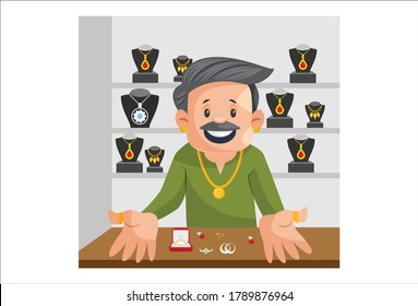 Vector graphic illustration of a happy Indian male jeweler. Individually on a white background.	