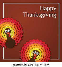 Vector Graphic Illustration for Happy Thanksgiving Typographical Greeting and Turkey Shaped Baked Sweet Chocolate Cupcake with Multicolored Icing from Top View suitable for Social Media Festival Post