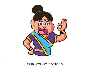 Vector graphic illustration of happy woman with okay sign. Individually on a white background. 