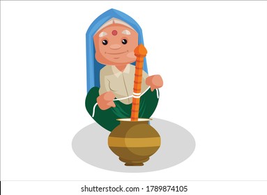 Vector Graphic Illustration. Haryanvi Woman Is Making Buttermilk From Churning Pot. Individually On A White Background.	