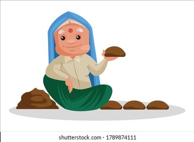 Vector graphic illustration. Haryanvi woman is using cow dung. Individually on a white background.	