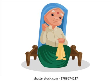 Vector graphic illustration. Haryanvi woman is sitting on woven bed and sewing clothes. Individually on a white background.	