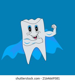 vector graphic illustration of healthy white teeth looking blue dress with strong fluorine muscular hands, can be used in pediatric dentistry, dental health concepts.