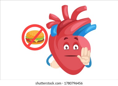 Vector graphic illustration. Heart character with a stop hand sign. Individually on a white background.