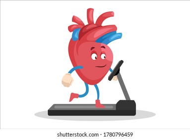 Ilustración gráfica vectorial. El personaje del corazón está corriendo en la cinta de correr. Individualmente sobre un fondo blanco.
