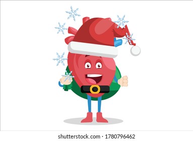 Vector graphic illustration. Heart character is wearing a Santa hat. Individually on a white background.