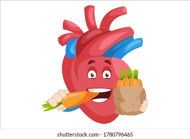 Vector graphic illustration. Heart character is eating the carrot. Individually on a white background.