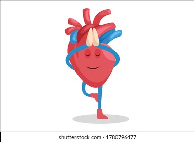 Vector graphic illustration. Heart character is doing yoga. Individually on a white background.