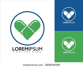 Vector graphic illustration of a heart shaped capsule logo design with loremipsum tagline on white, blue, and green backgrounds for branding and advertising purposes with a modern style.