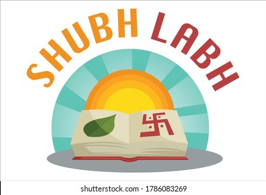 Vector graphic illustration of a holy book. Shubh Labh Hindi text sticker. Individually on white background.	