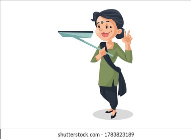 Vector graphic illustration. House maid is holding a mop. Individually on a white background.