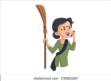 Vector graphic illustration. House maid is standing with a broom and talking on the phone. Individually on a white background.
