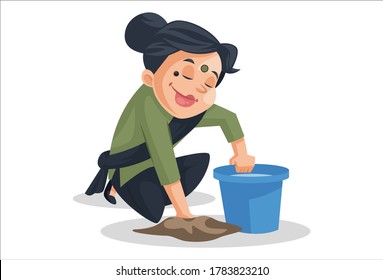 Vector graphic illustration. House maid is cleaning the floor. Individually on a white background.