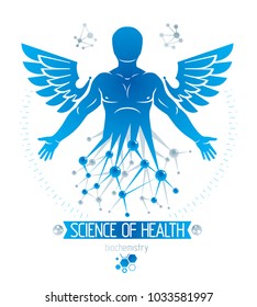 Vector graphic illustration of human being, individuality created with mesh wireframe connections and bird wings. Human as the object of biochemistry research.