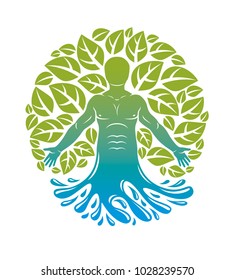 Vector graphic illustration of human, individuality emerging from water wave and surrounded by eco green leaves. Wellness and harmony metaphor, restoring to health concept.
