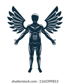 Vector graphic illustration of human, individuality created with bird wings. Guardian angel metaphor.