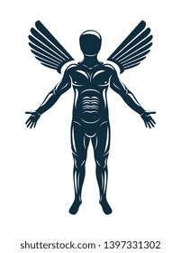 Vector graphic illustration of human, individuality created with bird wings. Guardian angel metaphor.