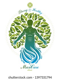 Vector graphic illustration of human, individuality deriving from water whirlpool and surrounded by green spring tree leaves. Living in harmony with nature concept, green health idea.