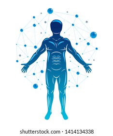 Vector graphic illustration of human, individuality created with mesh wireframe connections. Biochemistry scientific research.