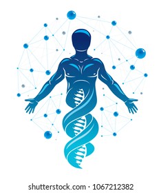 Vector graphic illustration of human made as DNA strands continuation, individuality created with mesh wireframe connections. Biochemistry scientific research.