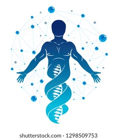 Vector graphic illustration of human made as DNA strands continuation, individuality created with mesh wireframe connections. Biochemistry scientific research.