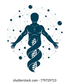 Vector graphic illustration of human made as DNA strands continuation, individuality created with mesh wireframe connections. Biochemistry scientific research.