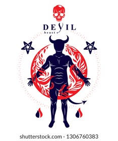 Vector graphic illustration of human surrounded by a fireball. Mystic infernal Flame demon.