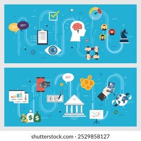 Vector graphic illustration of icon set with concept of digital financial ecosystem, cryptocurrency, banking transactions, and data analytics. Creative brainstorming and strategic collaboration.