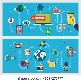 Vector ilustración gráfica de conjunto de iconos con conceptos de seguridad digital, privacidad y protección de datos en un mundo digital interconectado. Comunicación global, conectividad y tecnología.