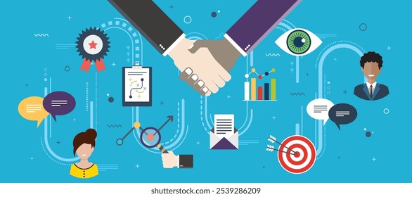 Vector graphic illustration of icon set with concepts of business collaboration and communication with diverse elements like handshake, charts, and target symbolizing teamwork, strategy, and success.