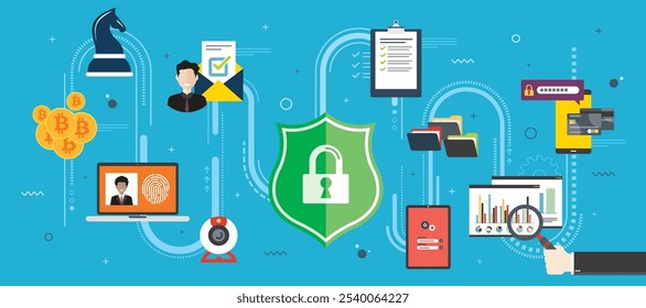 Ilustración gráfica de Vector de conjunto de iconos con concepto de seguridad digital y protección de datos, ciberseguridad, privacidad y gestión de riesgos en un mundo digital.