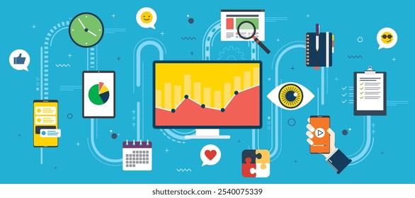 Vector graphic illustration of icon set with concept of digital marketing and data analytics.  Icons of charts, graphs, and communication devices, social media.