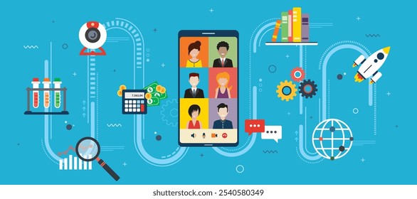 Vector graphic illustration of icon set with concept of virtual meeting in video call on a smartphone, live streaming, online education, remote learning and virtual collaboration. 