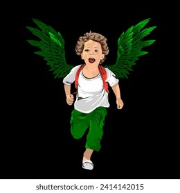 vector graphic illustration, image of a small child with glowing green wings, Palestinian child, suitable for use for t-shirt designs