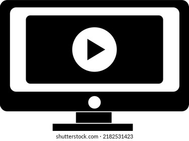 Vector graphic illustration of an in-browser video media software with a middle play button on the screen of a computer monitor.