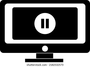 Vector graphic illustration of an in-browser video media software with a middle pause button on the screen of a wide computer monitor.